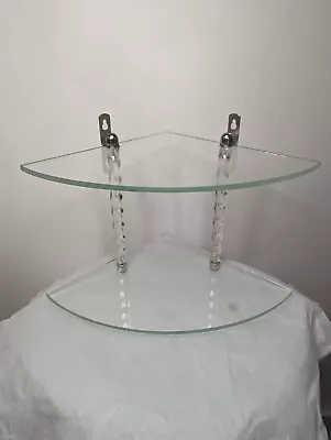 Vintage Glass Corner Shelf 2 Tier Glass W/Lucite Spiral Posts Hollywood Regency • $59