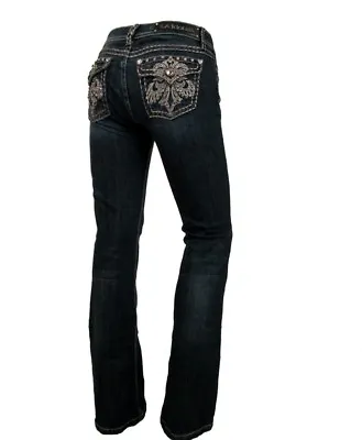 LA Idol Women Bootcut Jeans Crystal Fleur Flap Pocket Stretch Dark Blue Size 11 • $69.95