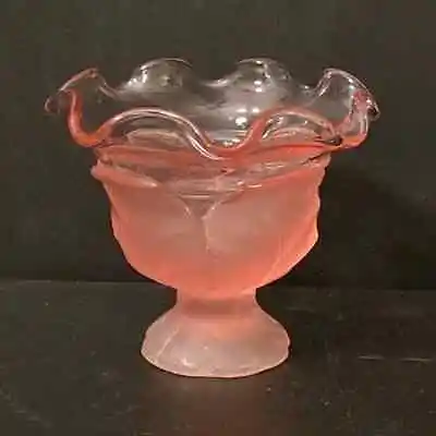 Viking Glass Epic Leaf Compote Vase Pink Satin Frost 1980 Spring Blossoms • $87