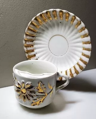 Vintage White Embossed Gold Floral Moustache Tea Cup & Saucer Made In Germany • $19.99