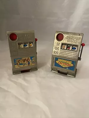 Vintage 1970s  Toy Slot Machine JACKPOT Bank -Tin Toys Las Vegas Lot Of 2 • $24.95