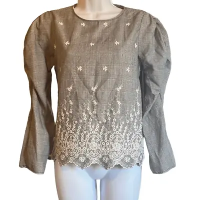 Zara Womens Medium Black White Plaid Embroidered Puff Sleeve Blouse Shirt Top • $17.99
