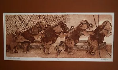 Vintage Original CIRCUS ART Lithograph Signed G DeVaney 1975 4/12 Elephants • $350