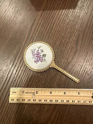 Vintage Floral Porcelain Brass Vanity Mirror Handheld A • $13.50