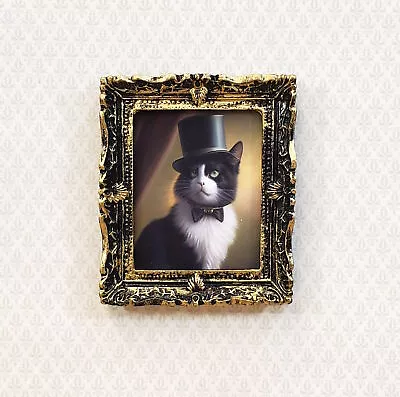 Miniature Tuxedo Cat Framed Print With Top Hat Bow Tie 1:12 Scale Picture • $16.50