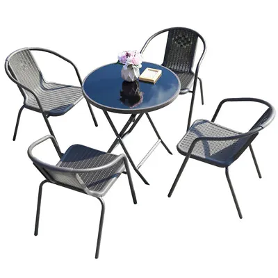 Garden Industrial Table Folding Table Chairs Set 4 Seater Patio Bistro Rattan UK • £95.95