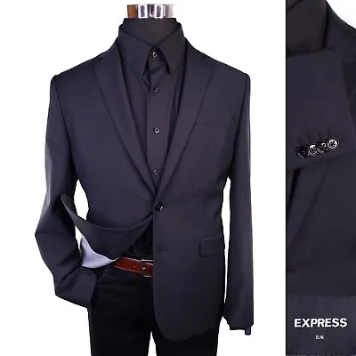 $39.75 • Buy Express Slim Men Blazer Jacket Sport Coat Black Wool Stretch Size 40s Solid EUC