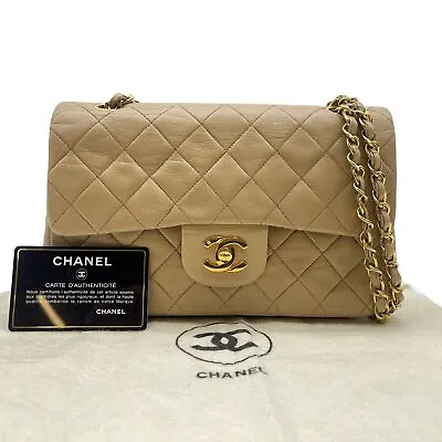 Authentic CHANEL Double Flap Turn Lock Shoulder Bag Beige Leather #36632616 • £1886.84
