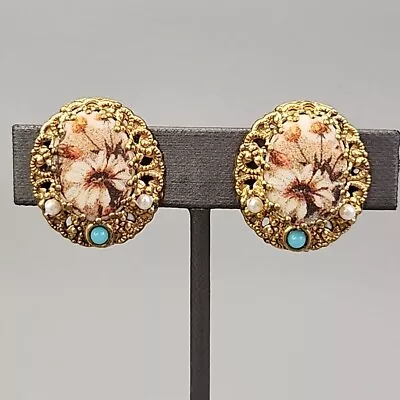 Flower Clip-On Earrings Vtg West Germany Sugared Gold Tone Filigree Blue Bead 1  • $24.99