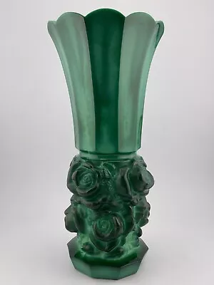 Vintage Malachite Glass Vase Rose Blossom With Panel Cut Czech • $168