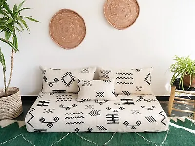 Moroccan Handmade Floor Couch - Unstuffed Wool White Sofa Covers + Pillow Case • $406.64