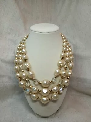 Beautiful Vintage 3 Strand Cream Faux Pearls And Crystal Necklace Signed Japan • $5