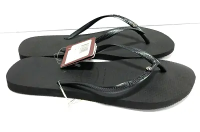 HAVAIANAS NEW Ladies THONGS FLIP FLOPS SANDALS Slim Black SW CRYSTAL  LOGO • £24.99