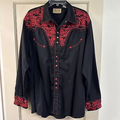 Vintage Scully Western Cowboy Shirt Embroidered Pearl Snap Black Red Size XL Men • $29.99