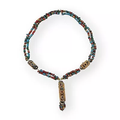 Vintage Egyptian Mummy Bead Necklace Double Strand Tassel Colorful Handmade 21   • $18.36