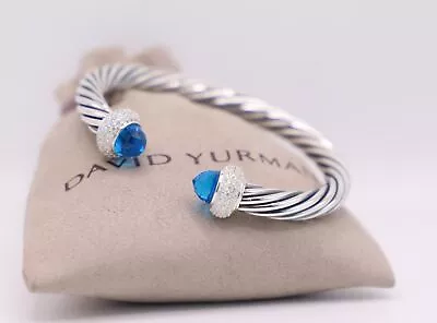 David Yurman Wmns Silver 7mm Cable Candy Bracelet Blue Topaz Diamonds Medium • $189.95