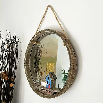 Rustic Beach Hut Mirror Wood Hanging Nautical Coastal Scene Seaside Bathroom Art • £42