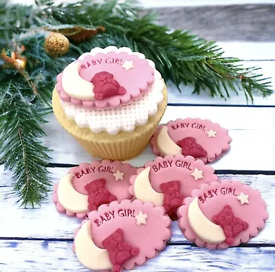 6 Pink Edible Baby Girl  Fondant Cupcake Toppers Baby Shower Cake Decorations • £6.99