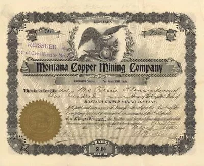 Montana Copper Mining Co. - Stock Certificate - Mining Stocks • $70