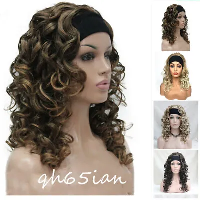 New 3/4 Wig With Headband Brown Blonde Curly Women's Medium Half Wigs Hairpiece • $23.10