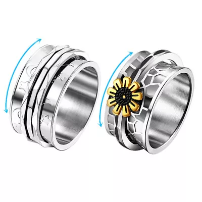 2pcs Men Women Anti-anxiety Moon Daisy Spinner Ring Stainless Steel Fidget Band • $12.99