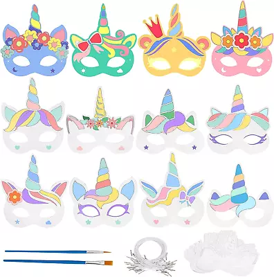 Landifor 24pcs Unicorn Colour-In Masks Kids White Card Masks DIY Graffiti Blank • £7.64