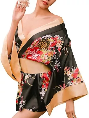 Women's One Size Floral Japanese Yukata Kimono Robe Satin+Poly W/G String Panty • £28.95