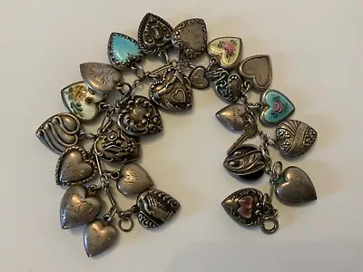 Vintage Sterling Silver 24 Puffy Heart Charm Bracelet Enamel 40.6g • $1125