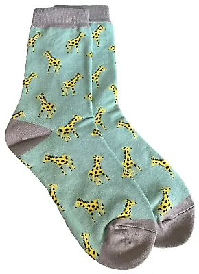 £8.99 • Buy Giraffe Socks Ladies Duck Egg Grey Yellow Giraffes Cute Bamboo Cotton Blend 