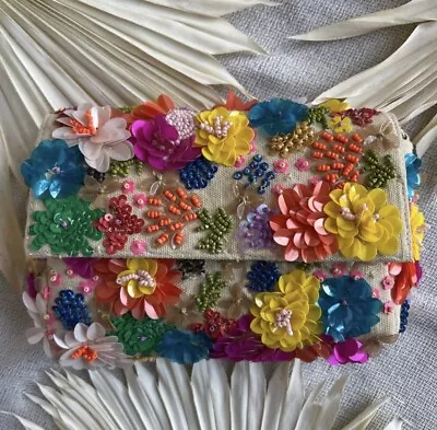 Colorful Handsewn Sequin & Beaded Flower Clutch Crossbody Summer & Vacation Bag • $72