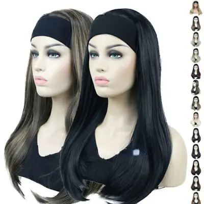 Ladies Wig Long Straight 3/4 Half Wig Hair Head Band Silky Black Natural Wigs • £17.99
