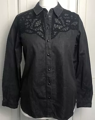 ALLSAINTS Black Chambray Shirt Size UK 12 Moirety Western Denim Lace Mesh Cotton • £29.99