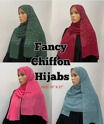 Fancy Chiffon Hijab Wrap Scarf Shawl Party Wear Evening Outfit Rhinestone Pebble • £14.45