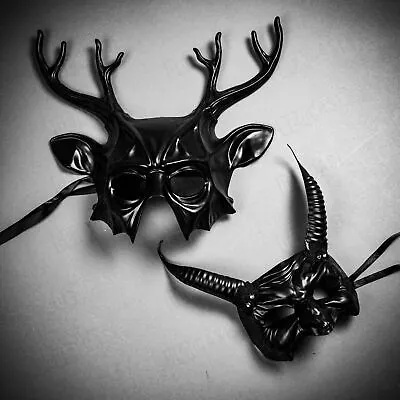 $45.99 • Buy Black Devil Deer Long Horns Masquerade Costume Halloween Couple Party Eye Mask