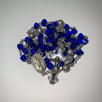 Vintage - 925 Sterling Silver & Cobalt Blue Glass Rosary - Roman Catholic • $100