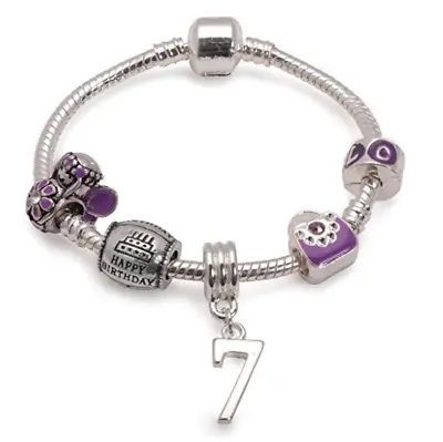 Liberty Charms Children's Purple  'HAPPY 7TH BIRTHDAY' Charm Bead BRACELET • £10.99