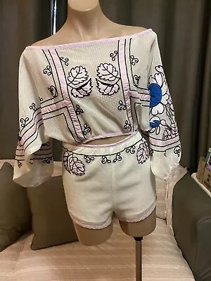$88 • Buy ALICE McCALL Jumpsuit White Net Pink Blue Black Leaf Pattern Fabric Size 4