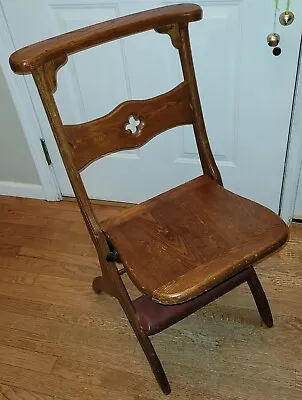 Antique Vintage Gothic Prayer Chair Kneeler Carved Wooden Iron Folding Church • $425
