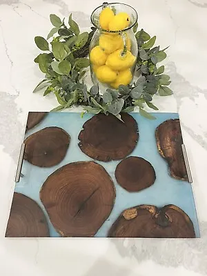 Blue Marble Epoxy Mesquite Wood Charcuterie Board/ Serving Tray- Silver Handles • $150