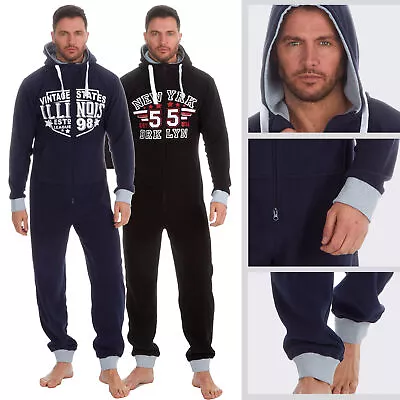 Mens All In One Micro Fleece 1Onesie1 Lounge Jumpsuit Hooded Zipped S M L XL UK • $22.40