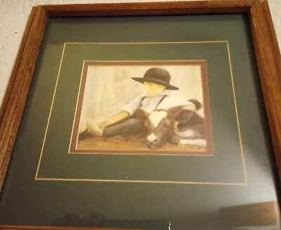 N.A.Noel Amish Print Matted/Framed Summertime A Boy And His Calf 15  Sq RARE • $29