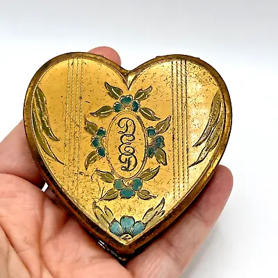 Vintage 1940s Gold Tone Blue Green Enamel Heart Compact 3  Superb USA Monogram • $35