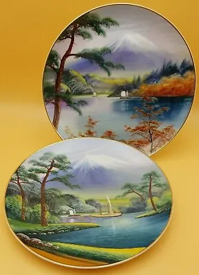 $44.90 • Buy 2 HAYASI Japan KUTANI CHINA 10  Hand Painted Plates Mount Fuji In Summer & Fall