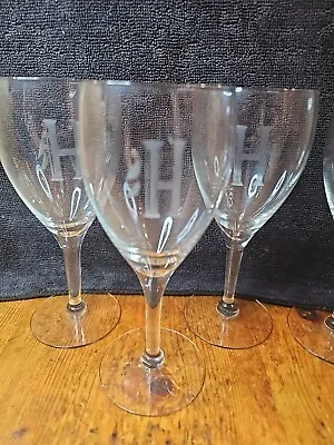 Lot Of 4 Monogrammed  H  Etched Wine Glasses Clear  7.25 Drinkware Barware WINE  • $14.99