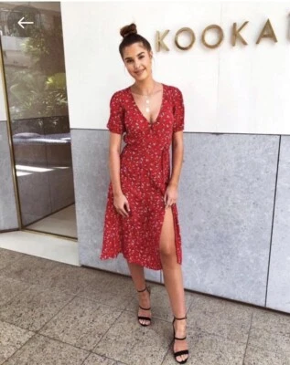 $50 • Buy KOOKAI Zariah Red Floral Print Midi Wrap Dress Size 36 (6/8)