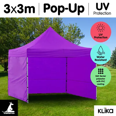 PURPLE 3x3 WALLAROO POPUP OUTDOOR GAZEBO FOLDING TENT PARTY MARQUEE SHADE CANOPY • $265