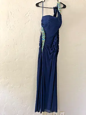 La Femme Prom Formal Net Blue Ruched Chunky Stone Long Maxi Dress Sz 10 FLAW • $45