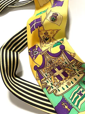 GIANNI VERSACE VINTAGE 90s ROYAL COAT OF ARMS TIE QUEEN UK NAUTICAL FLAGS YELLOW • $126.04