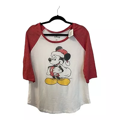Juniors  Disney Santa Mickey Mouse Jersey Christmas T-Shirt Red/White SZ XL NWT • $14