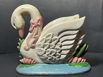 Vintage Cast Iron Swan Doorstop Midwest Importers Hand Painted Pink Bow Nursery • $15